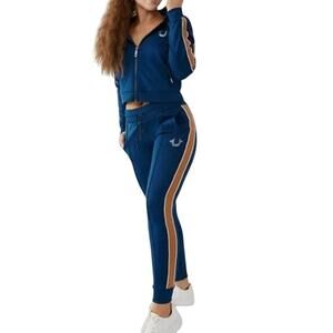 True Religion Jogger Tracksuit Women's Medium Sparkle Logo Sweatsuit Blue Stripe